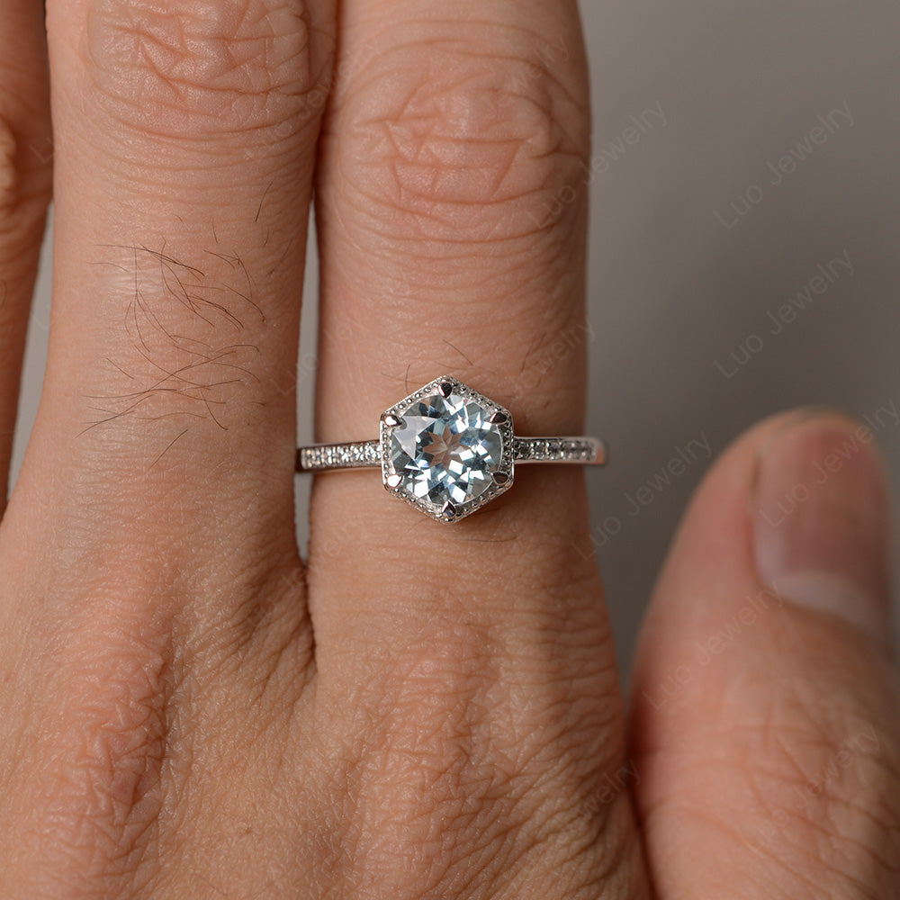 Art Deco Hexagon Set Aquamarine Ring Rose Gold - LUO Jewelry