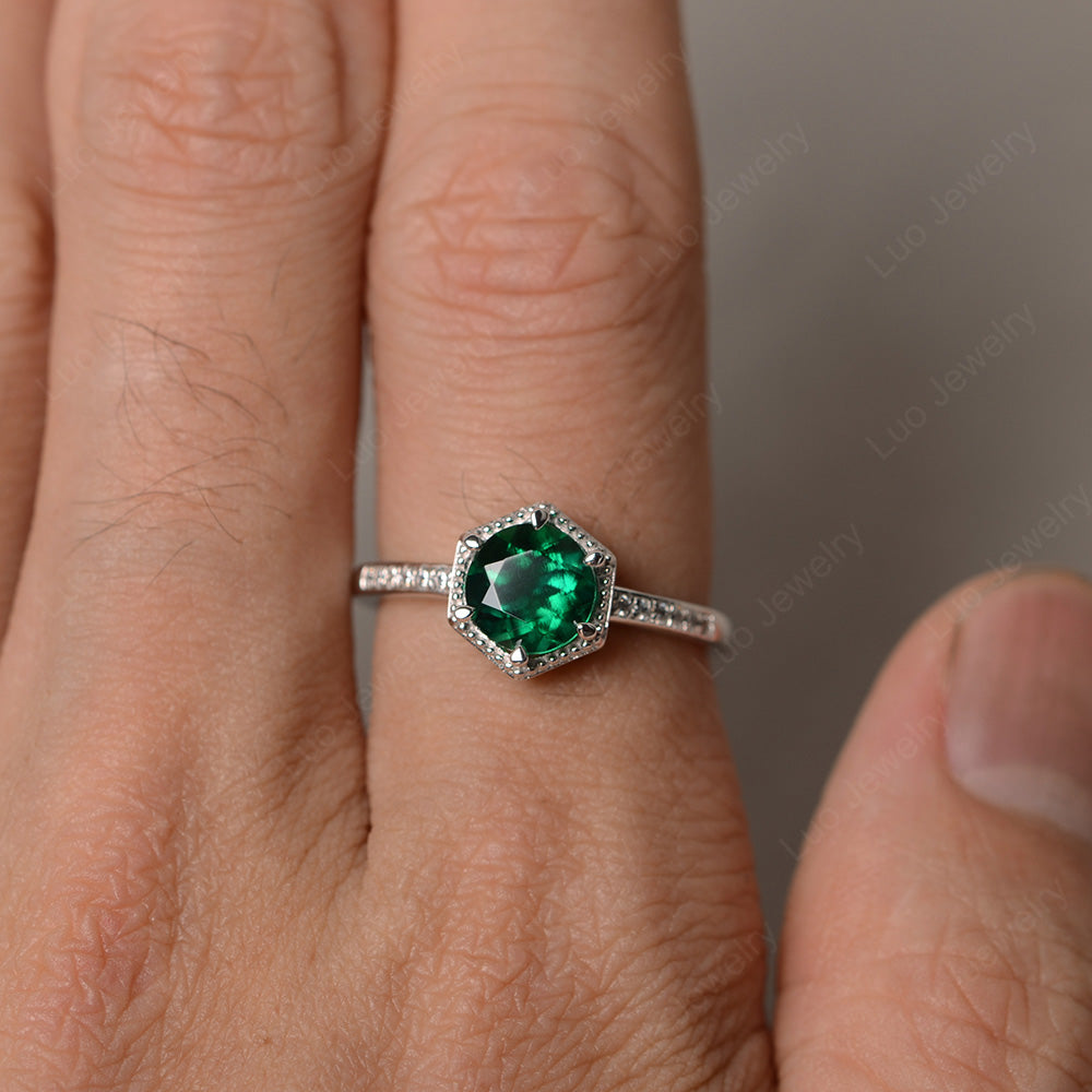 Art Deco Hexagon Set Lab Emerald Ring Rose Gold - LUO Jewelry