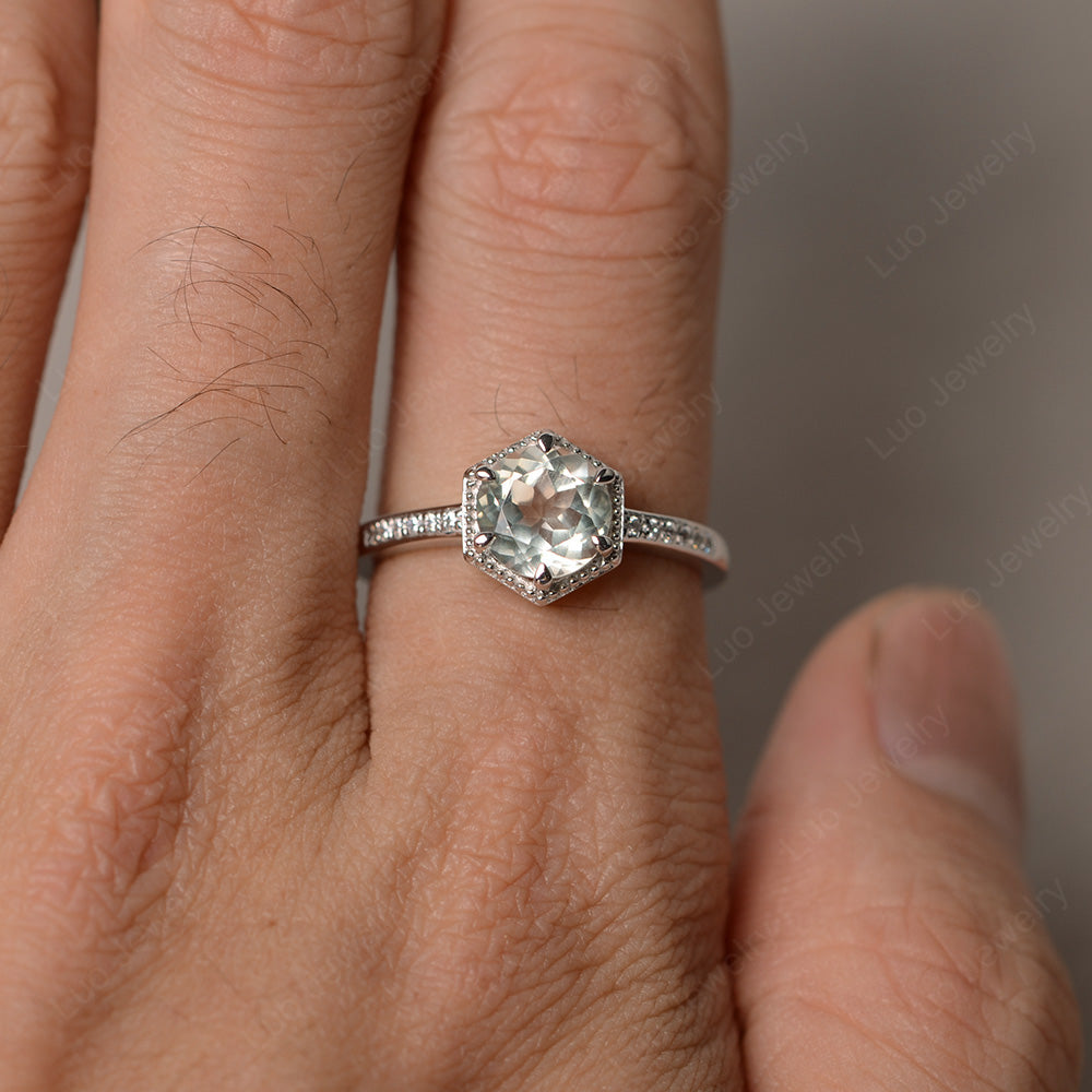 Art Deco Hexagon Set Green Amethyst Ring Rose Gold - LUO Jewelry