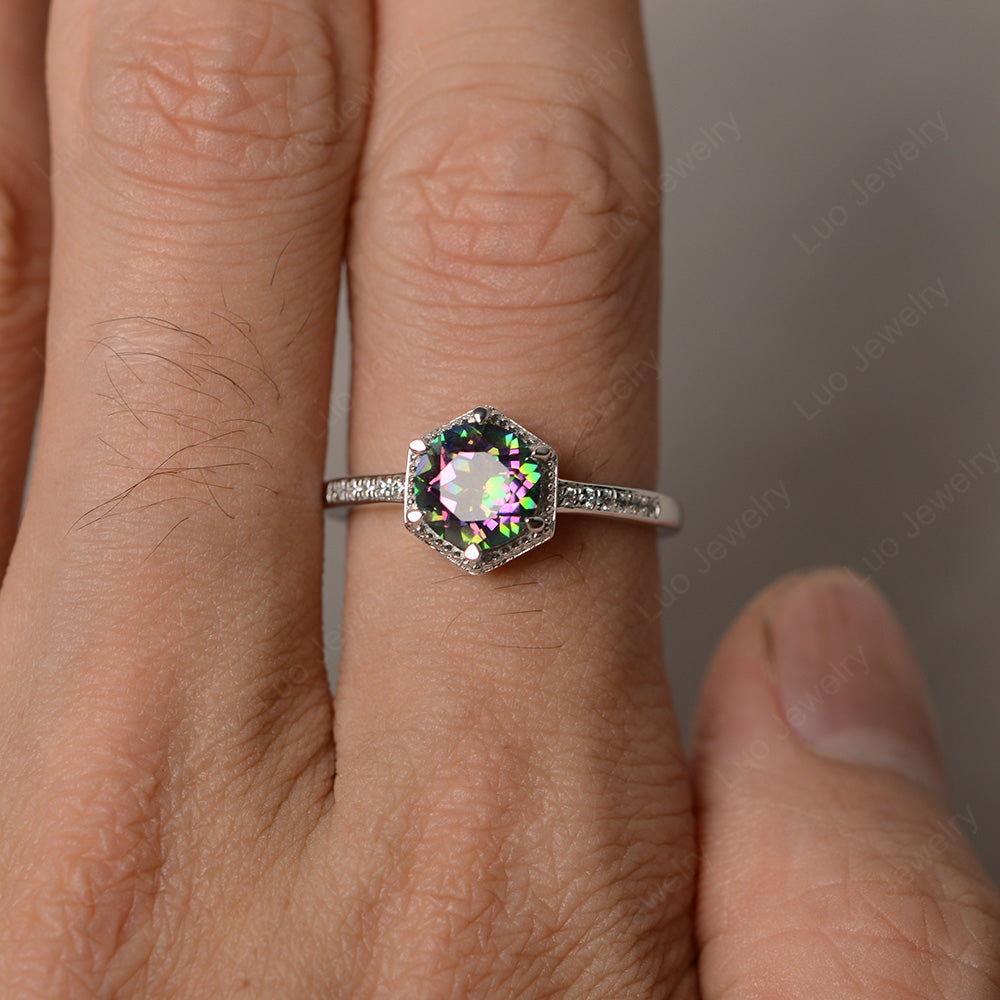 Art Deco Hexagon Set Mystic Topaz Ring Rose Gold - LUO Jewelry