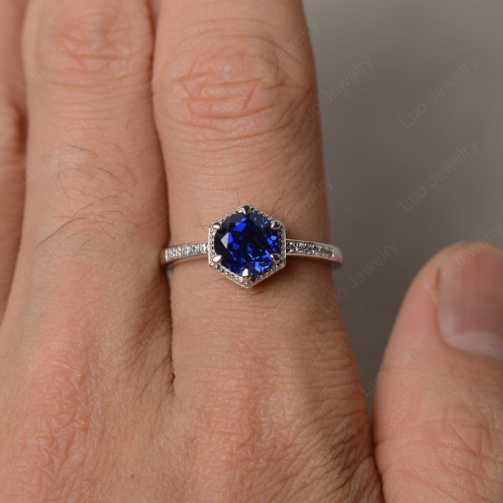 Art Deco Hexagon Set Lab Sapphire Ring Rose Gold - LUO Jewelry