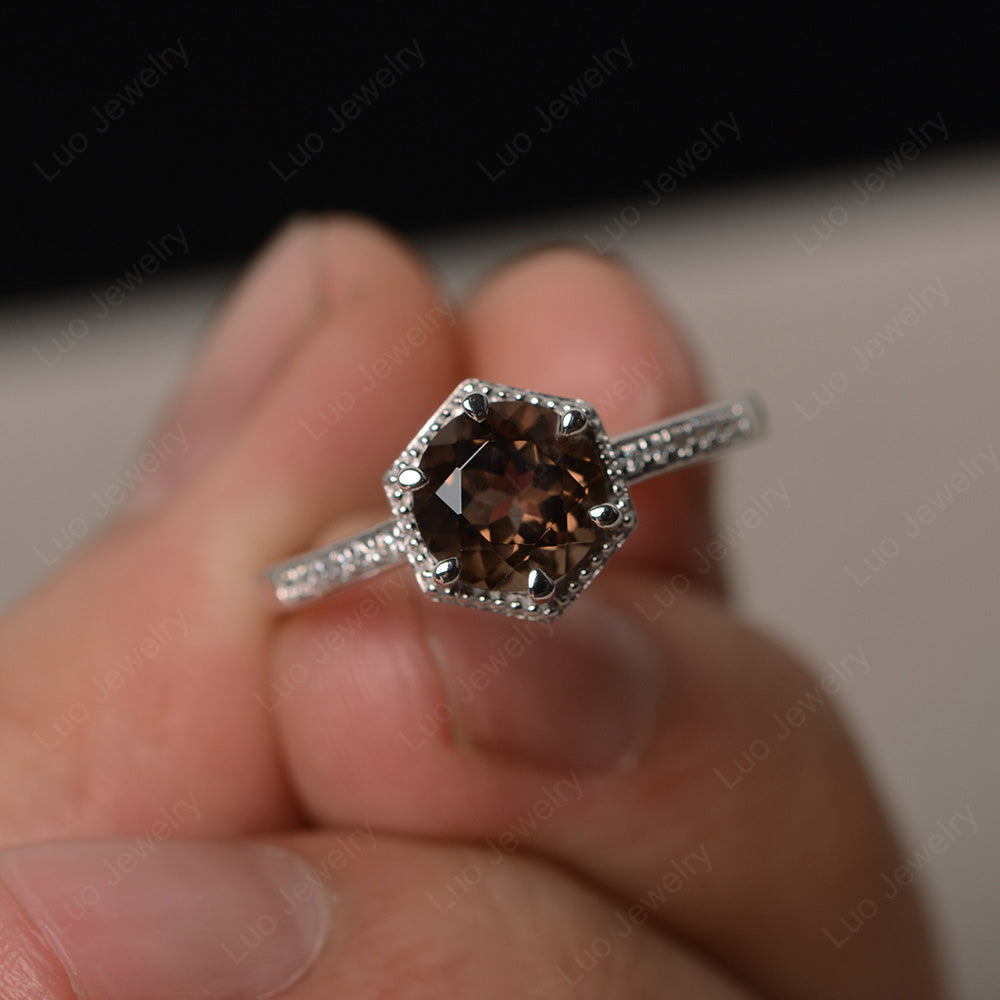 Art Deco Hexagon Set Smoky Quartz Ring Rose Gold - LUO Jewelry