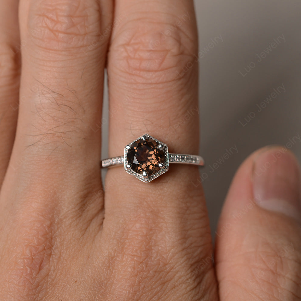 Art Deco Hexagon Set Smoky Quartz Ring Rose Gold - LUO Jewelry