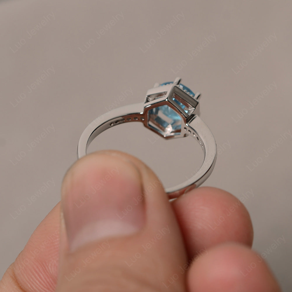 Art Deco Hexagon Set Swiss Blue Topaz Ring Rose Gold - LUO Jewelry