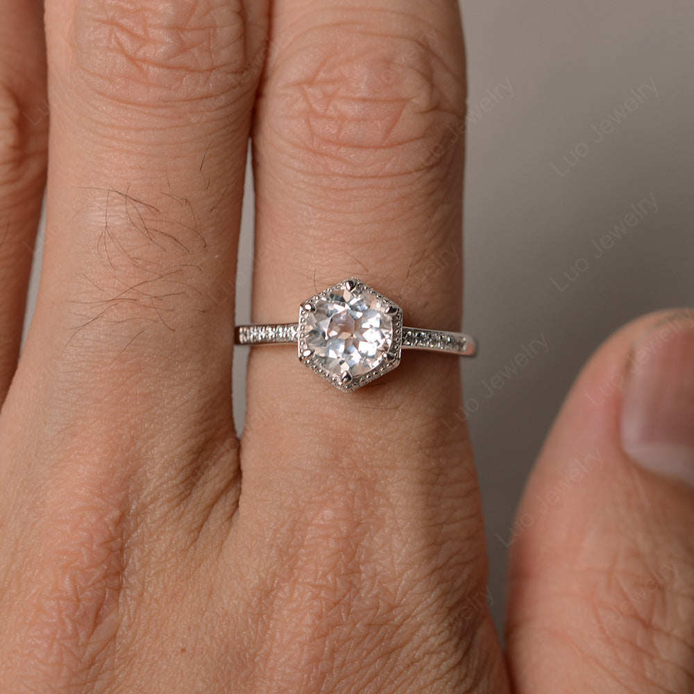 Art Deco Hexagon Set White Topaz Ring Rose Gold - LUO Jewelry