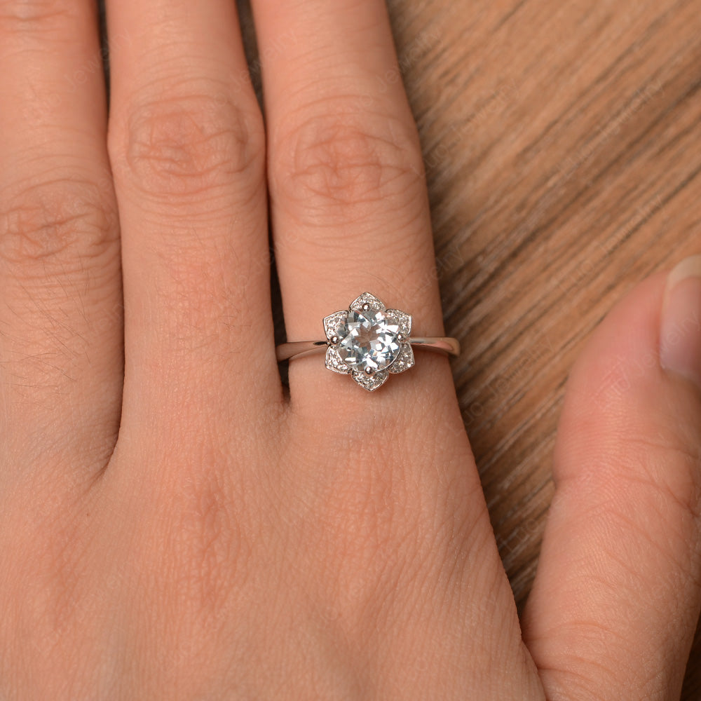 Round Cut Aquamarine Halo Flower Engagement Ring - LUO Jewelry