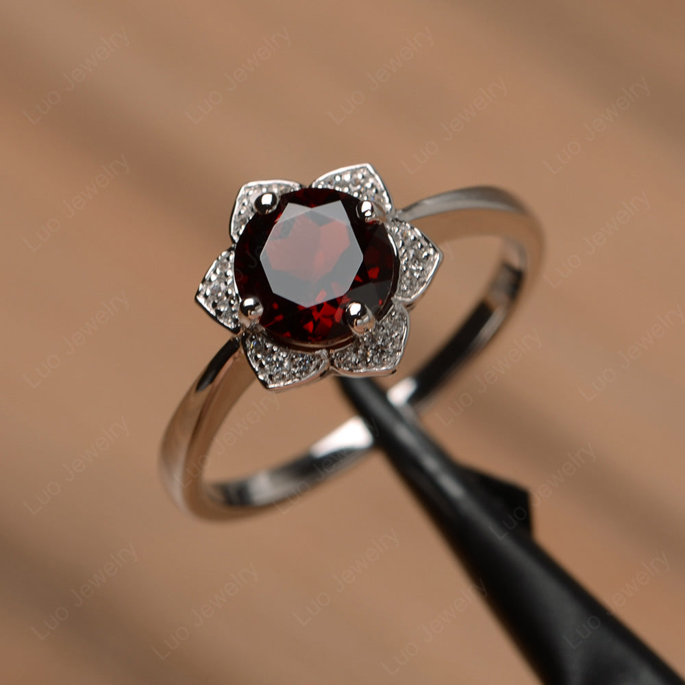 Round Cut Garnet Halo Flower Engagement Ring - LUO Jewelry