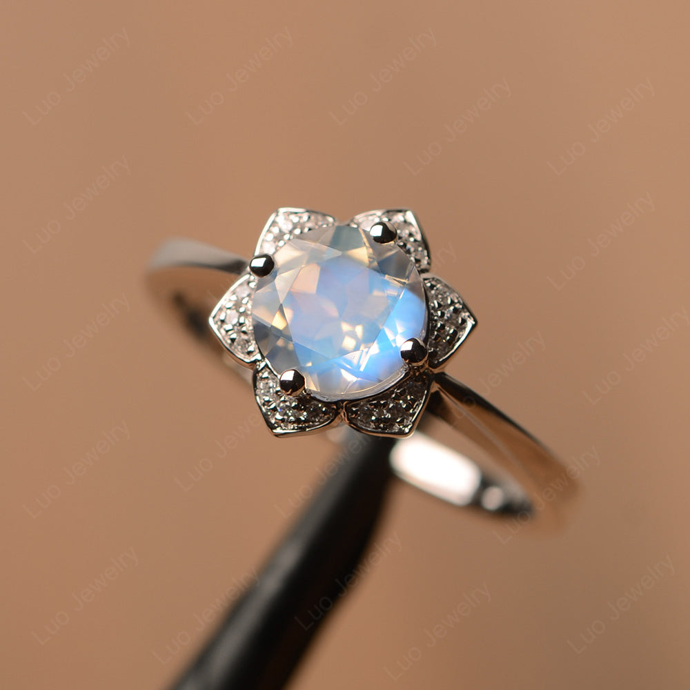 Round Cut Moonstone Halo Flower Engagement Ring - LUO Jewelry