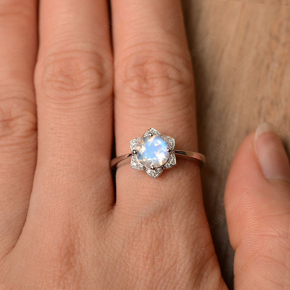 Round Cut Moonstone Halo Flower Engagement Ring - LUO Jewelry