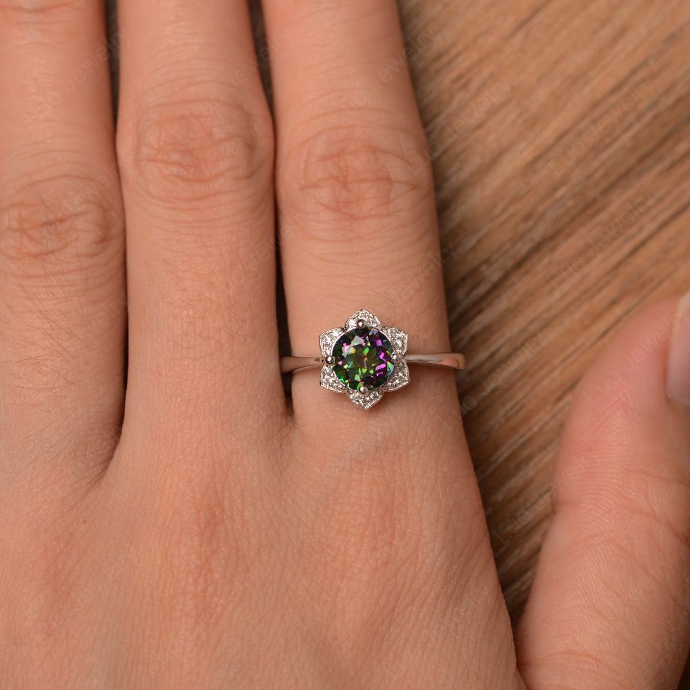 Round Cut Mystic Topaz Halo Flower Engagement Ring - LUO Jewelry