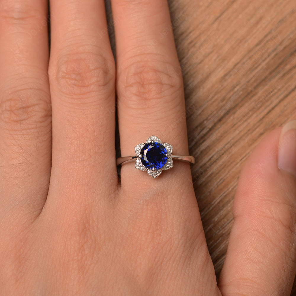 Round Cut Lab Sapphire Halo Flower Engagement Ring - LUO Jewelry