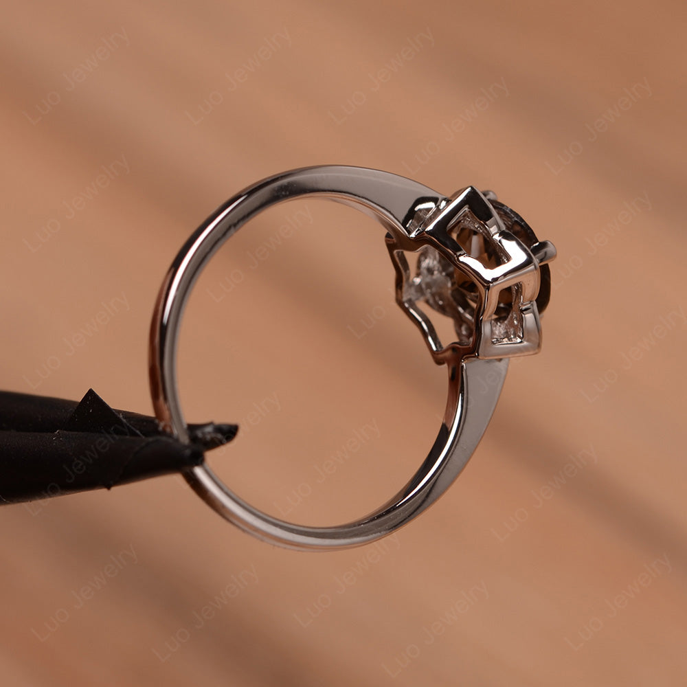 Round Cut Smoky Quartz Halo Flower Engagement Ring - LUO Jewelry