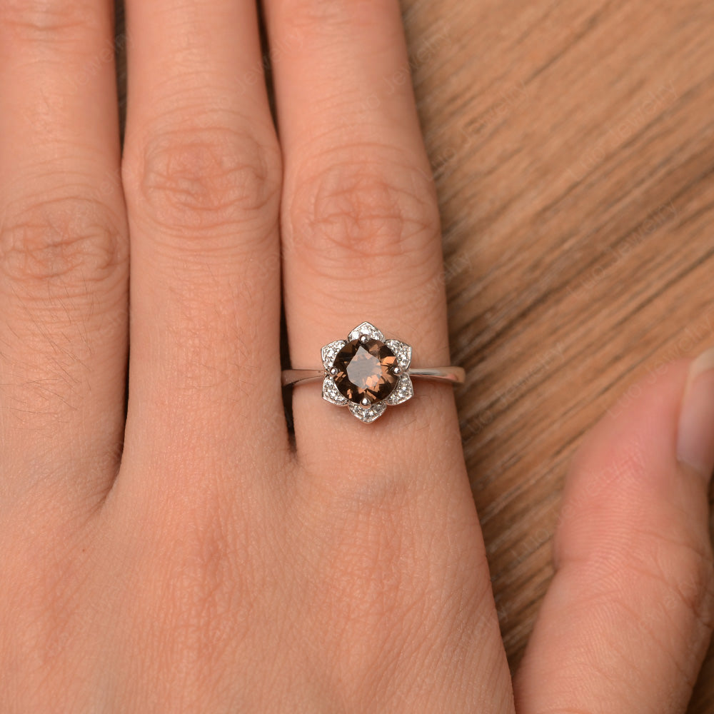 Round Cut Smoky Quartz Halo Flower Engagement Ring - LUO Jewelry