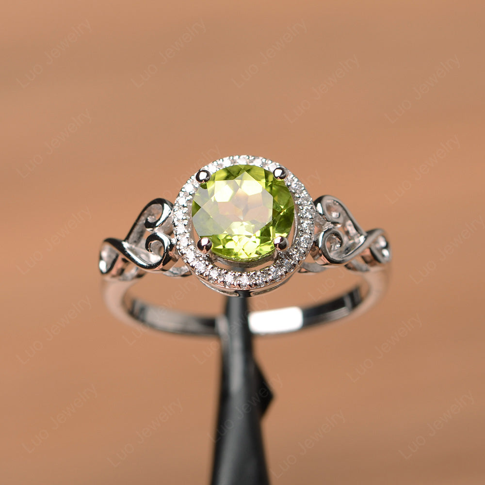 Art Deco Peridot Halo Engagement Ring - LUO Jewelry