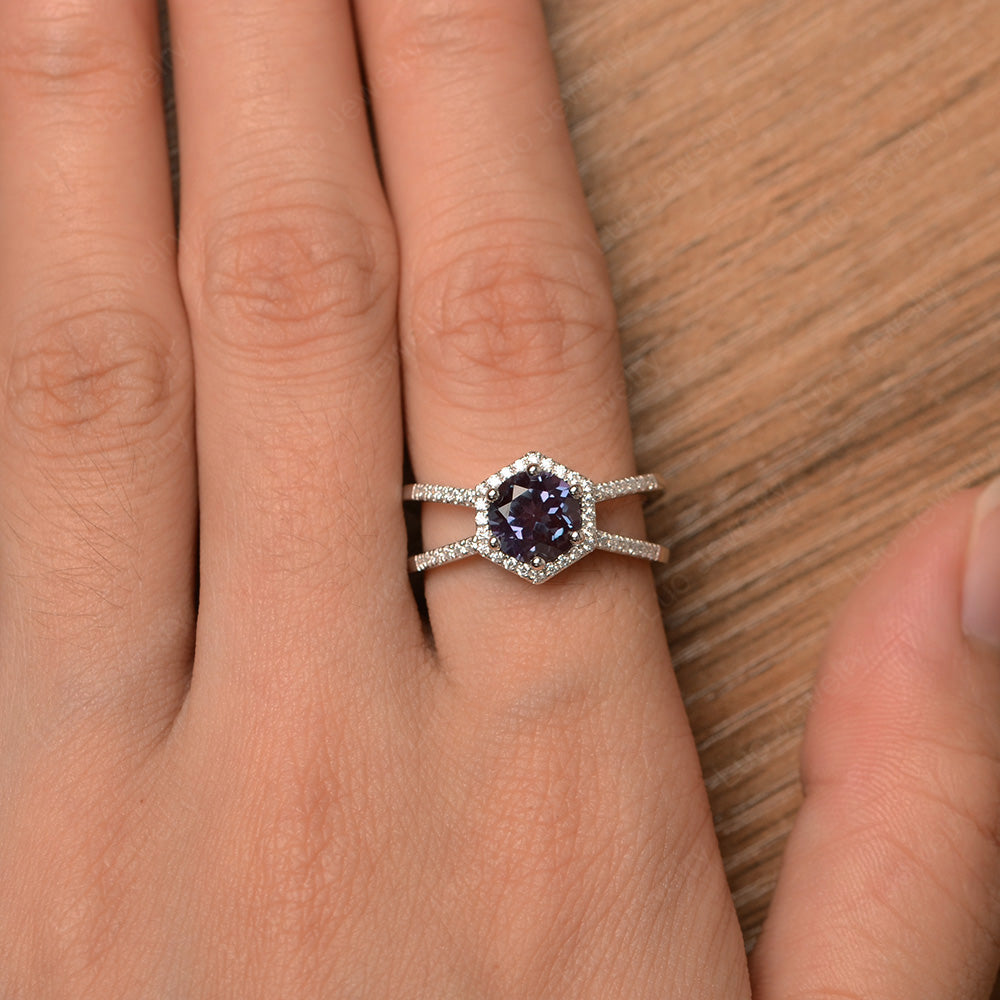 Hexagon Alexandrite Halo Ring With Split Shank - LUO Jewelry