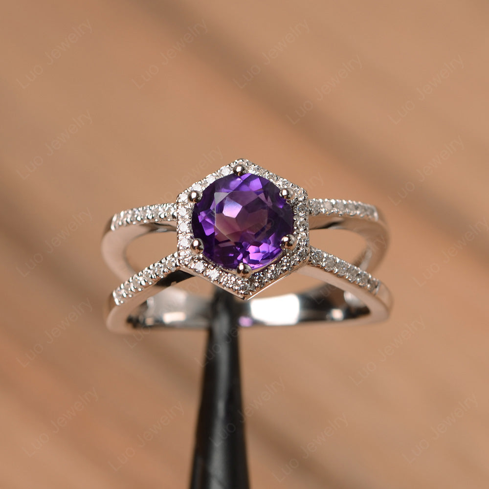 Hexagon Amethyst Halo Ring With Split Shank - LUO Jewelry