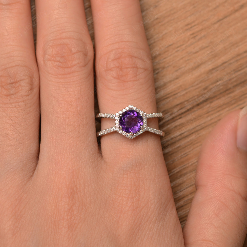 Hexagon Amethyst Halo Ring With Split Shank - LUO Jewelry