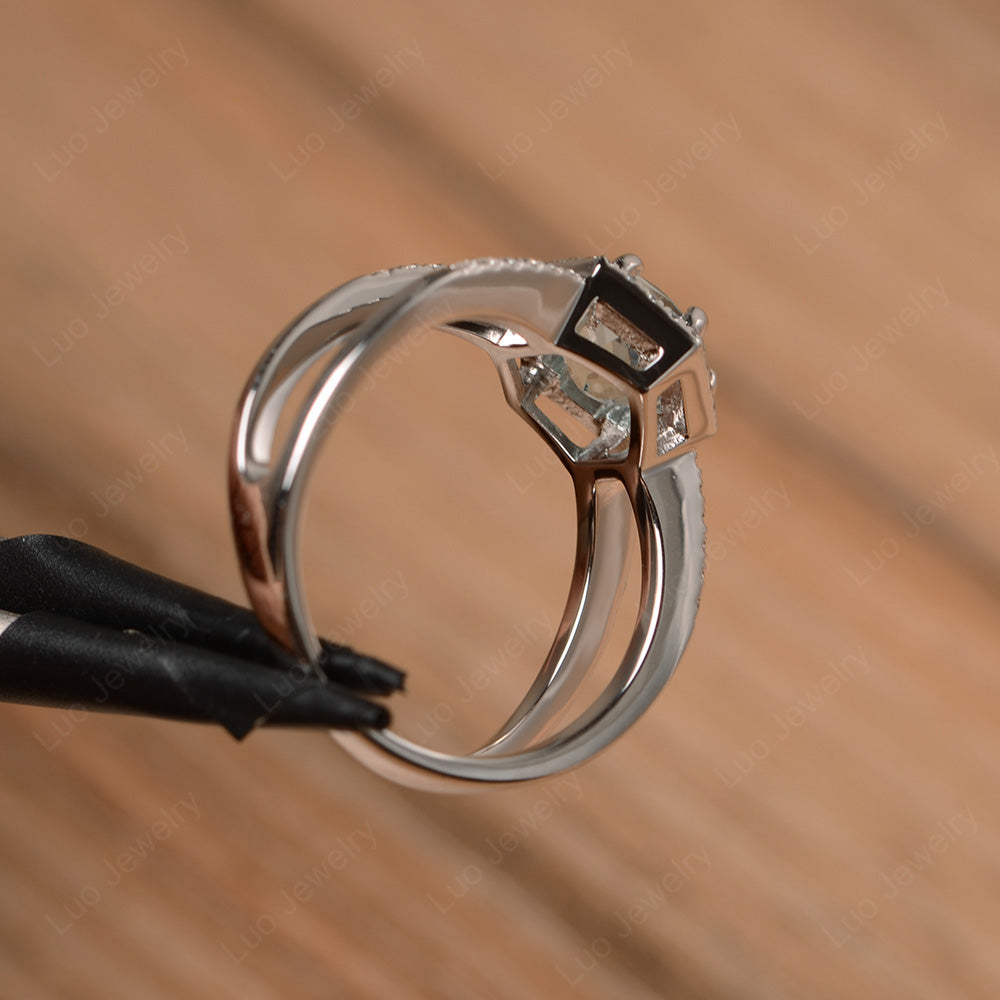 Hexagon Aquamarine Halo Ring With Split Shank - LUO Jewelry
