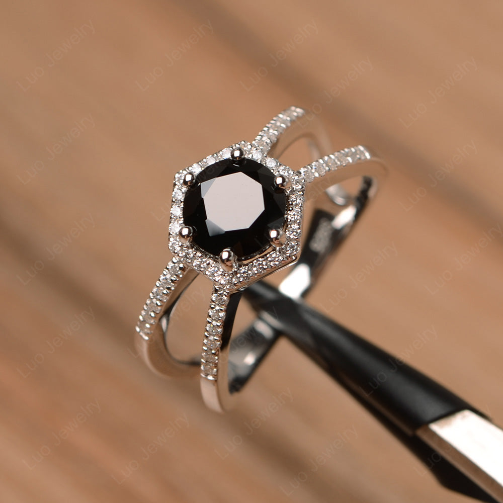 Hexagon Black Stone Halo Ring With Split Shank - LUO Jewelry