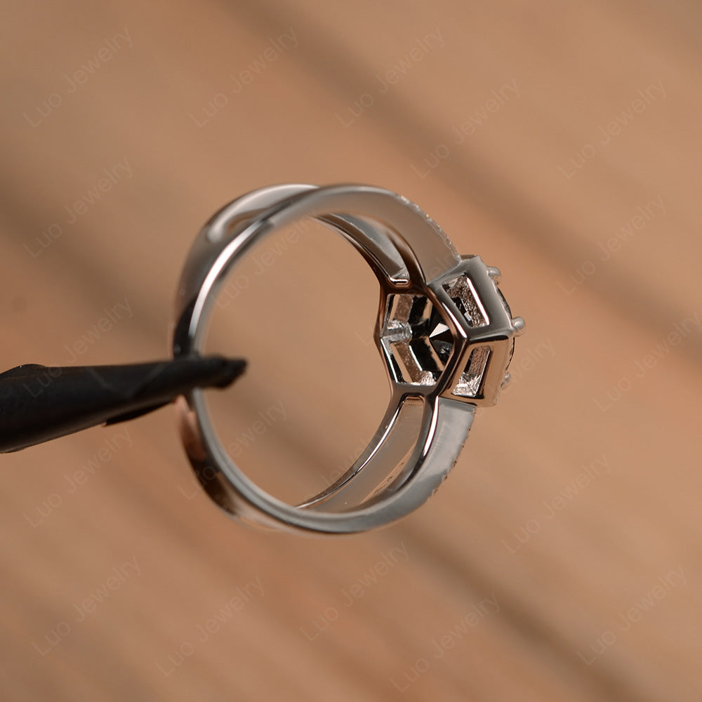 Hexagon Black Stone Halo Ring With Split Shank - LUO Jewelry