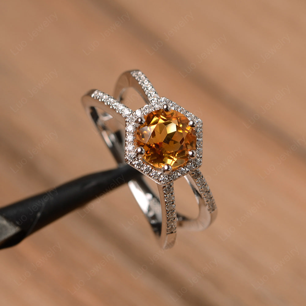 Hexagon Citrine Halo Ring With Split Shank - LUO Jewelry