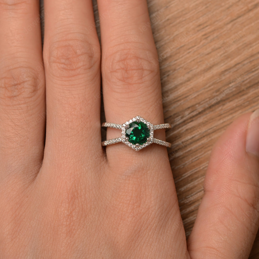Hexagon Lab Emerald Halo Ring With Split Shank - LUO Jewelry