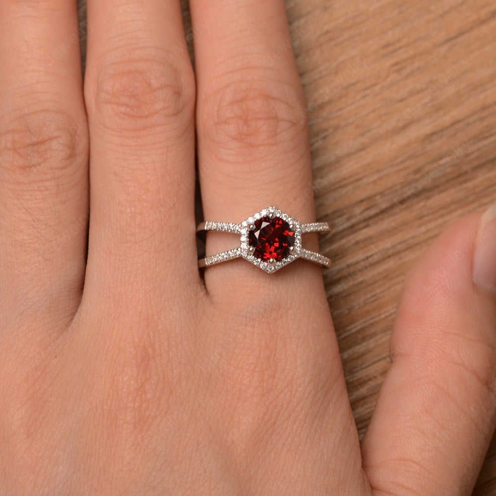 Hexagon Garnet Halo Ring With Split Shank - LUO Jewelry