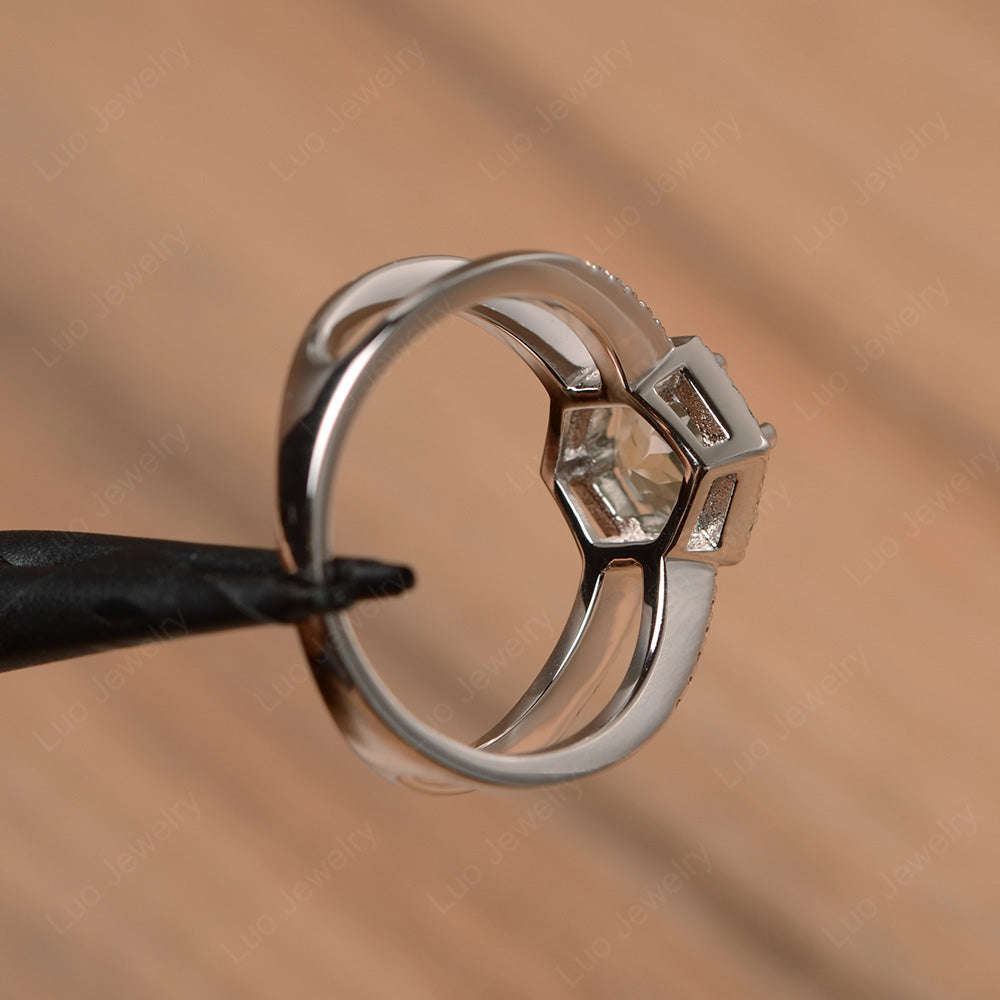 Hexagon Green Amethyst Halo Ring With Split Shank - LUO Jewelry