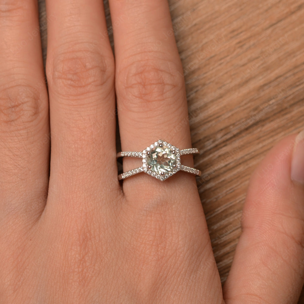 Hexagon Green Amethyst Halo Ring With Split Shank - LUO Jewelry