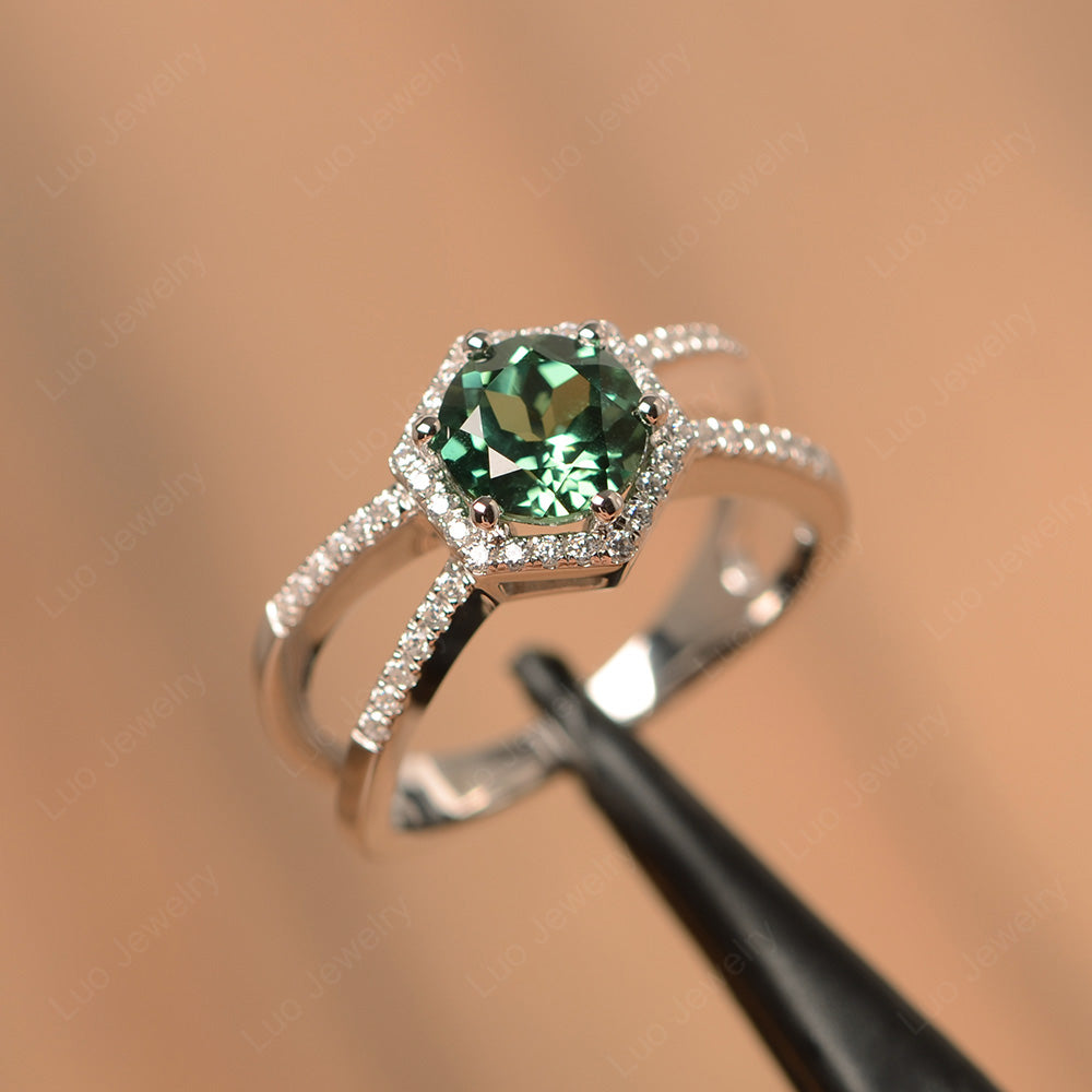 Hexagon Green Sapphire Halo Ring With Split Shank - LUO Jewelry