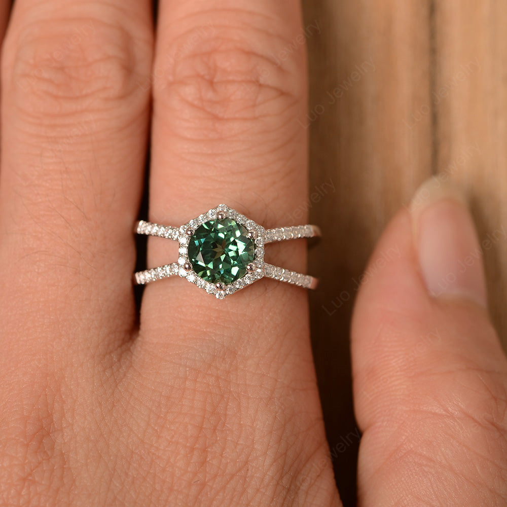 Hexagon Green Sapphire Halo Ring With Split Shank - LUO Jewelry
