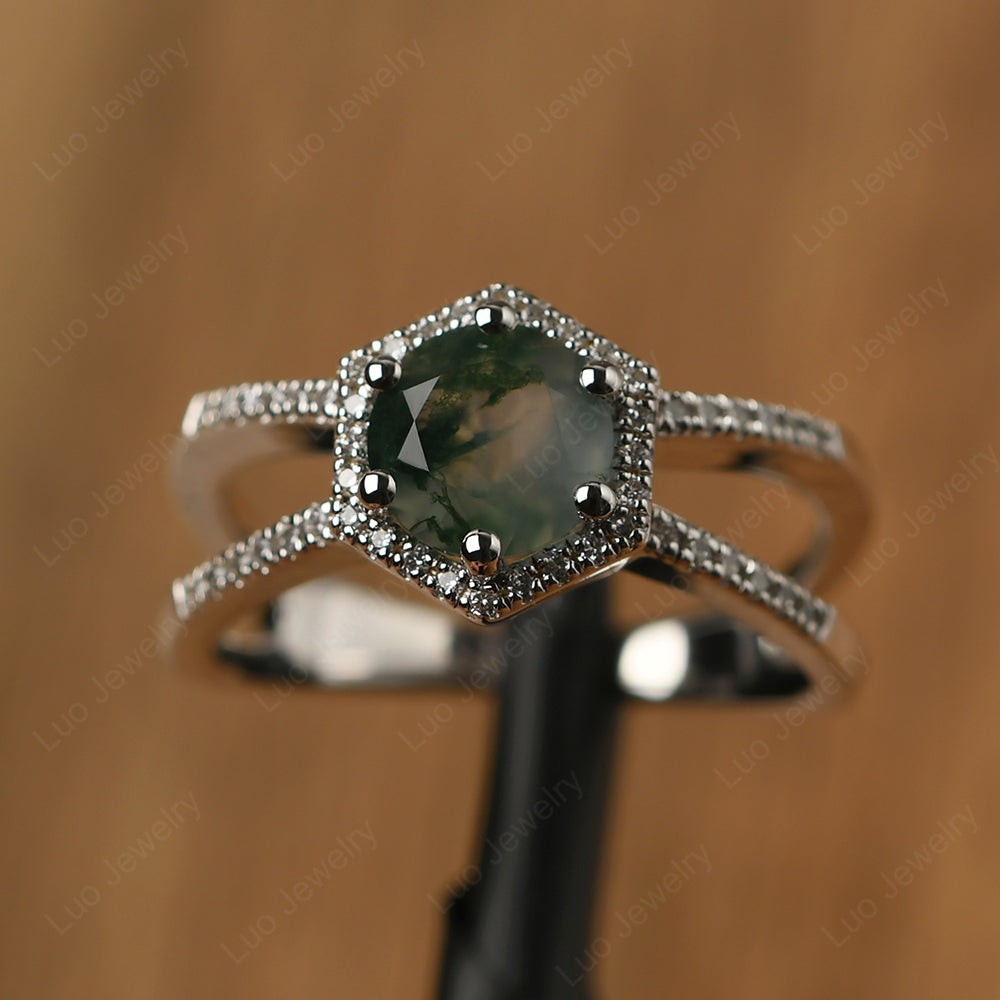 Hexagon Moss Agate Halo Ring With Split Shank - LUO Jewelry