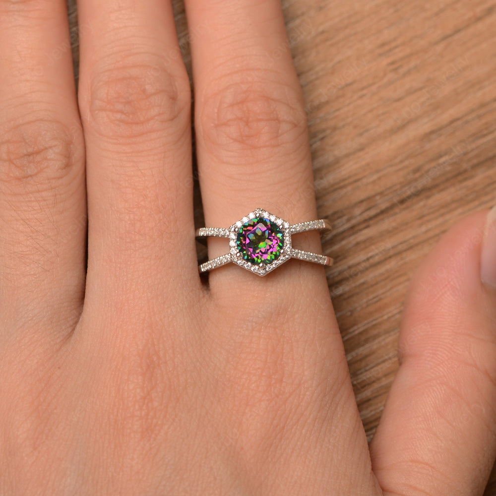 Hexagon Mystic Topaz Halo Ring With Split Shank - LUO Jewelry