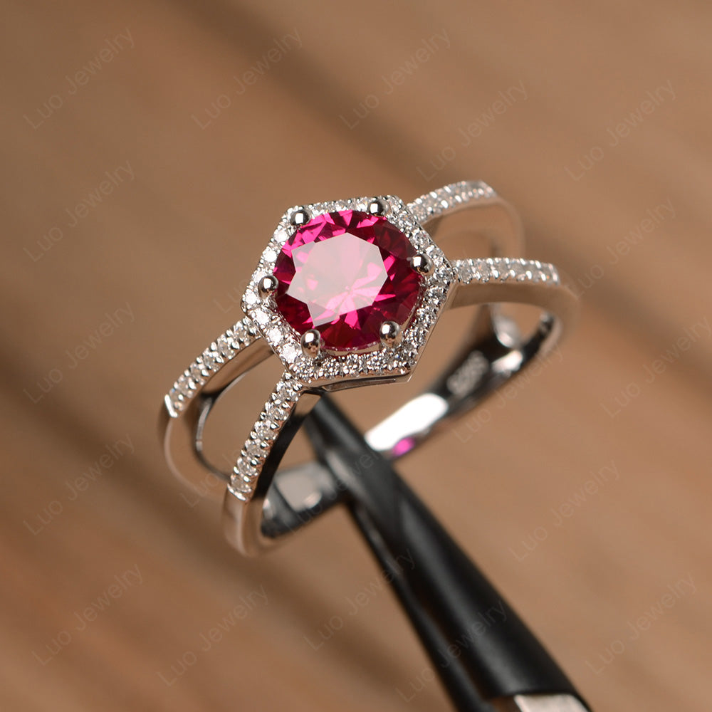 Hexagon Ruby Halo Ring With Split Shank - LUO Jewelry