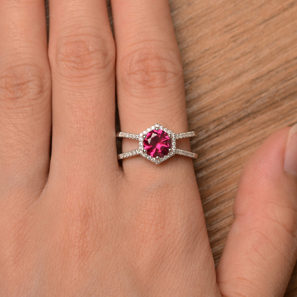 Hexagon Ruby Halo Ring With Split Shank - LUO Jewelry