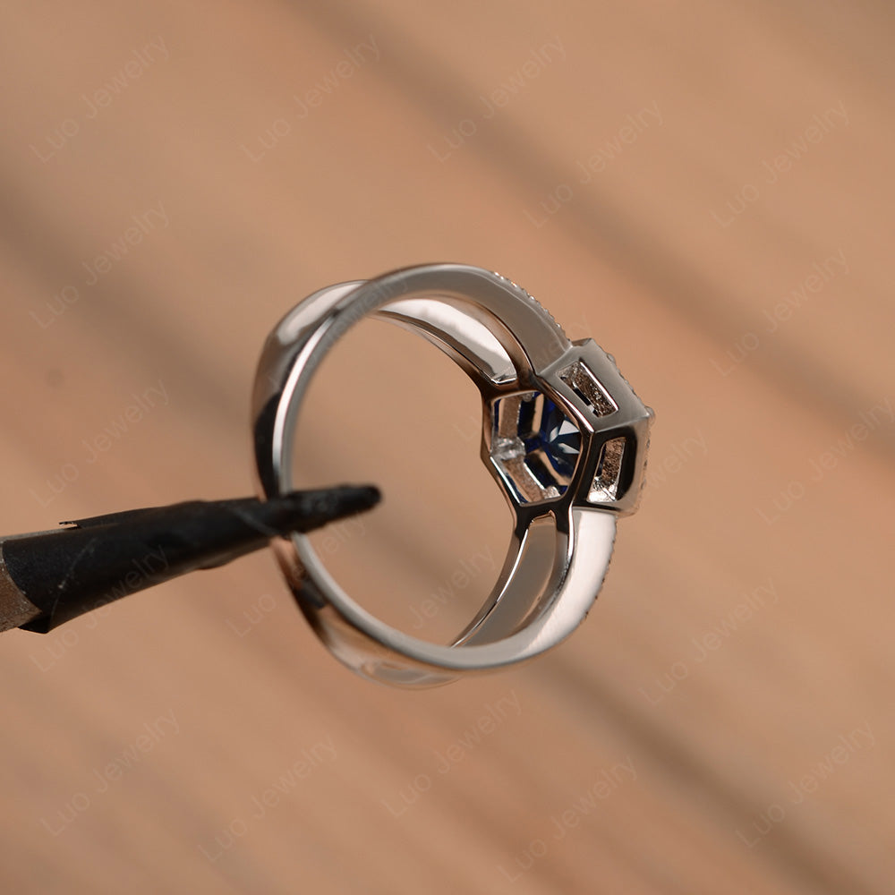 Hexagon Lab Sapphire Halo Ring With Split Shank - LUO Jewelry