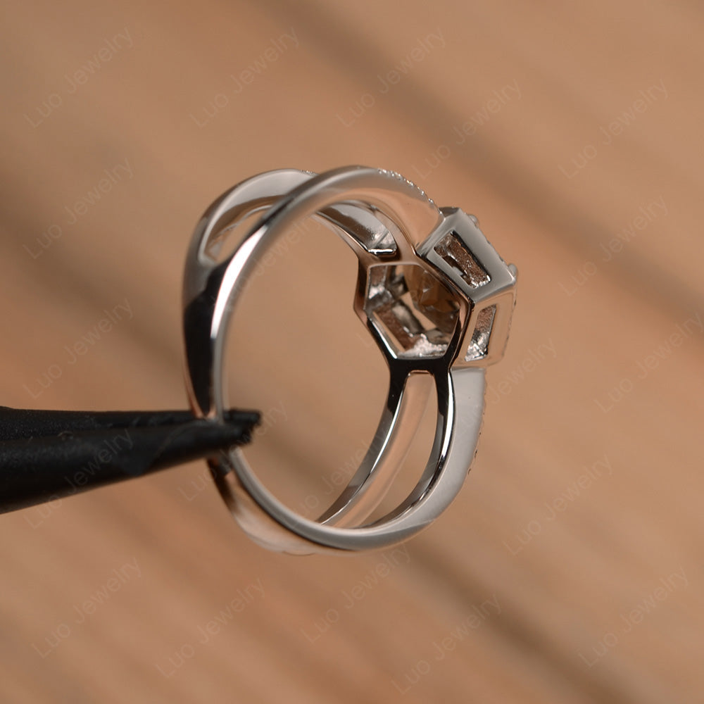 Hexagon Smoky Quartz  Halo Ring With Split Shank - LUO Jewelry