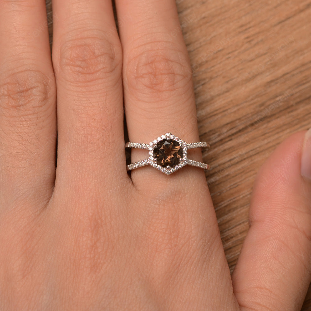 Hexagon Smoky Quartz  Halo Ring With Split Shank - LUO Jewelry