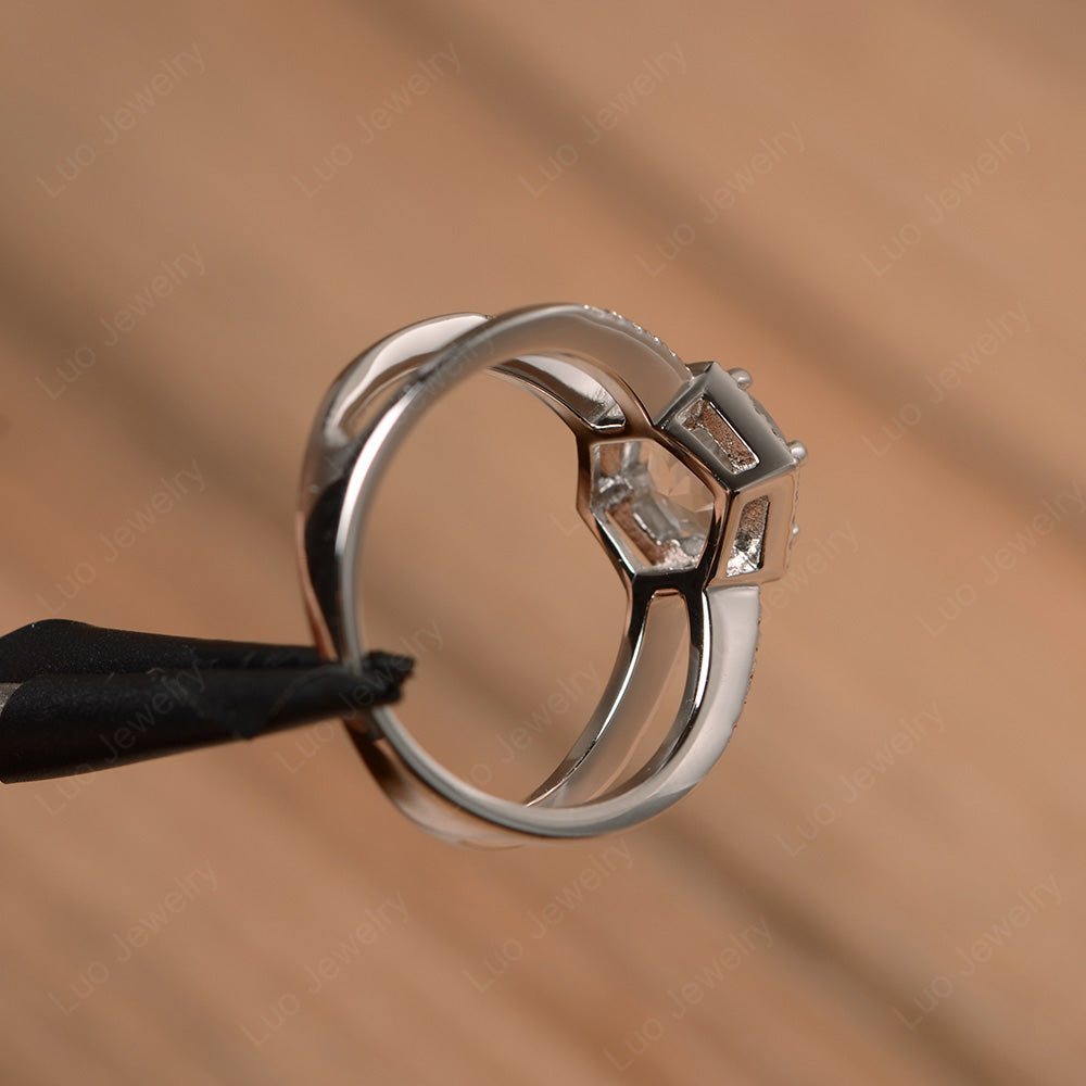 Hexagon White Topaz Halo Ring With Split Shank - LUO Jewelry