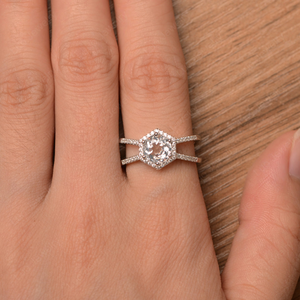 Hexagon White Topaz Halo Ring With Split Shank - LUO Jewelry
