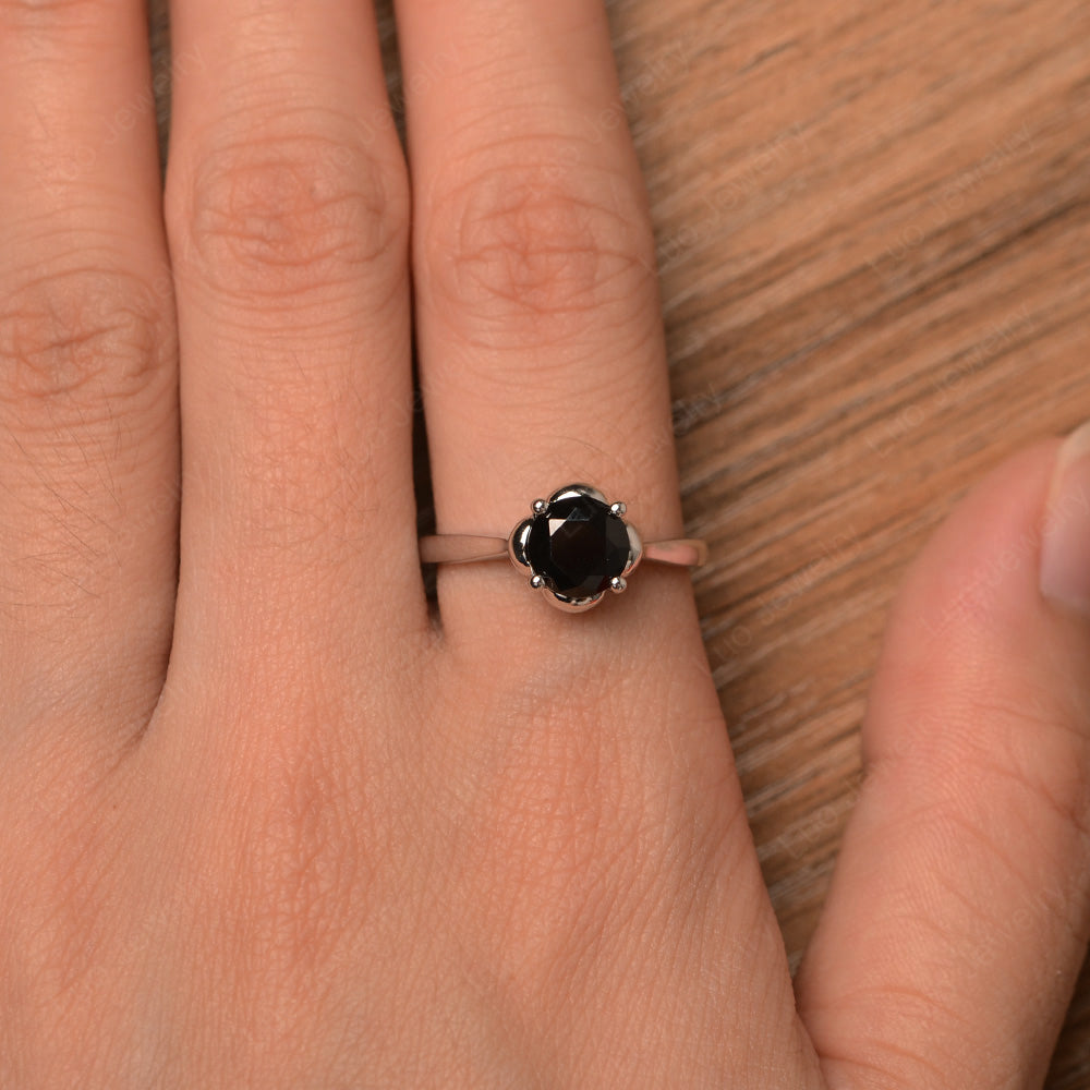 Flower Black Stone Solitaire Engagement Ring - LUO Jewelry