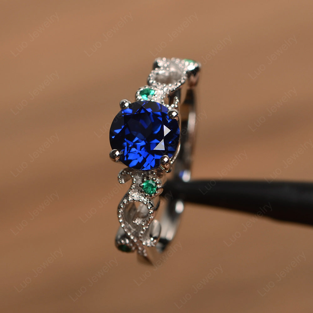 Vintage Lab Sapphire Ring Art Deco Yellow Gold - LUO Jewelry