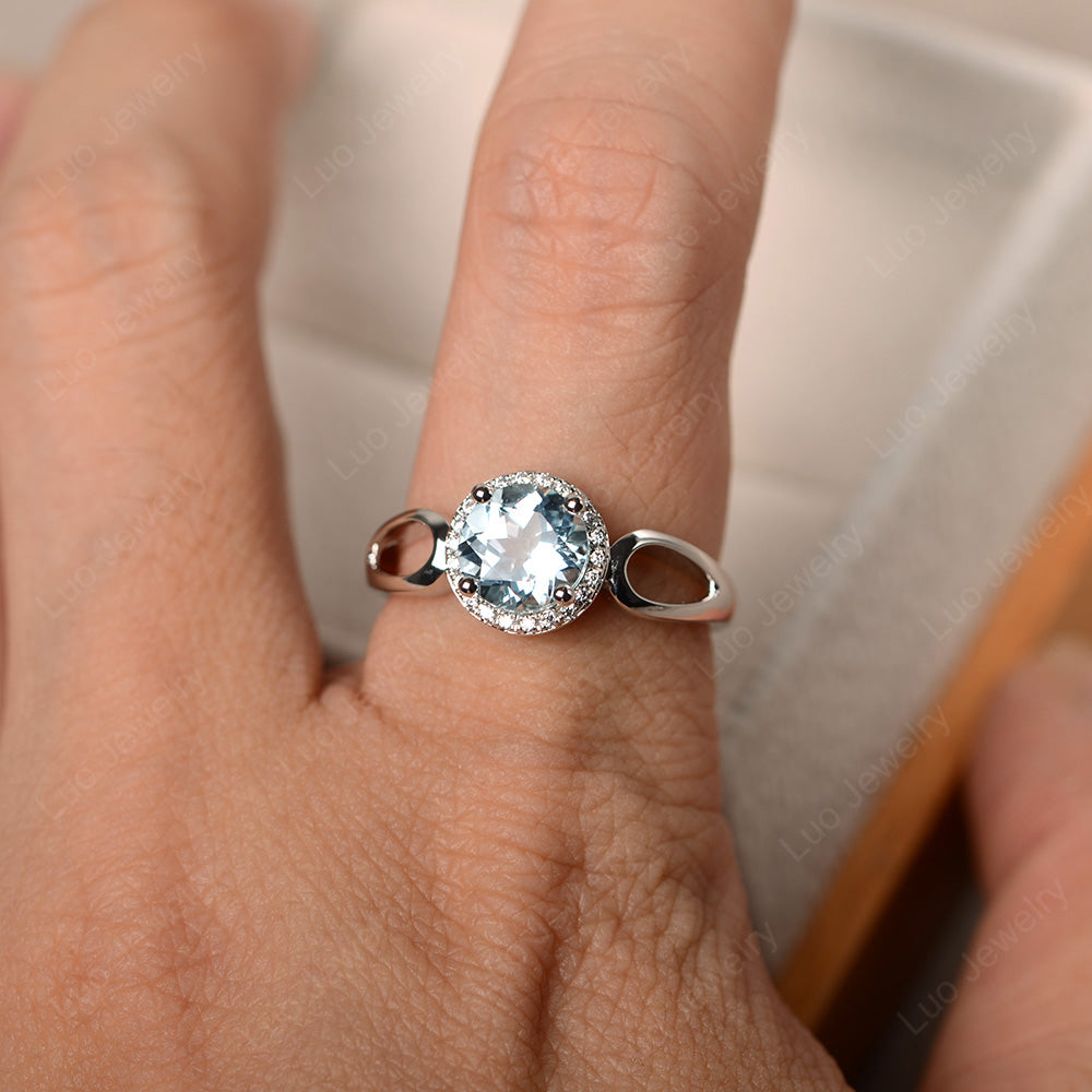 Aquamarine Halo Engagement Ring Split Shank - LUO Jewelry