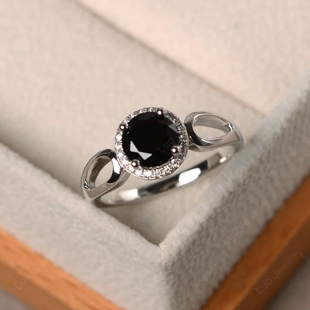 Black Spinel Halo Engagement Ring Split Shank - LUO Jewelry