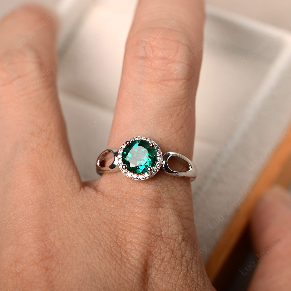 Lab Emerald Halo Engagement Ring Split Shank - LUO Jewelry