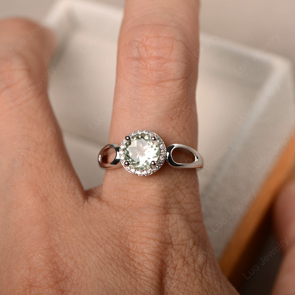 Green Amethyst Halo Engagement Ring Split Shank - LUO Jewelry