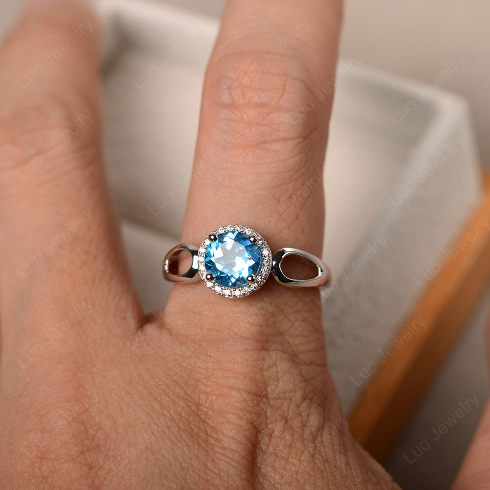 Swiss Blue Topaz Halo Engagement Ring Split Shank - LUO Jewelry