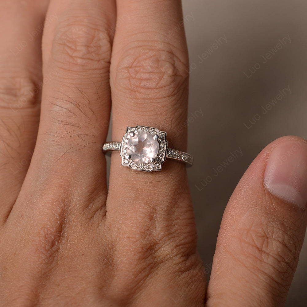 Round Cut Rose Quartz Halo Engagement Ring Gold - LUO Jewelry