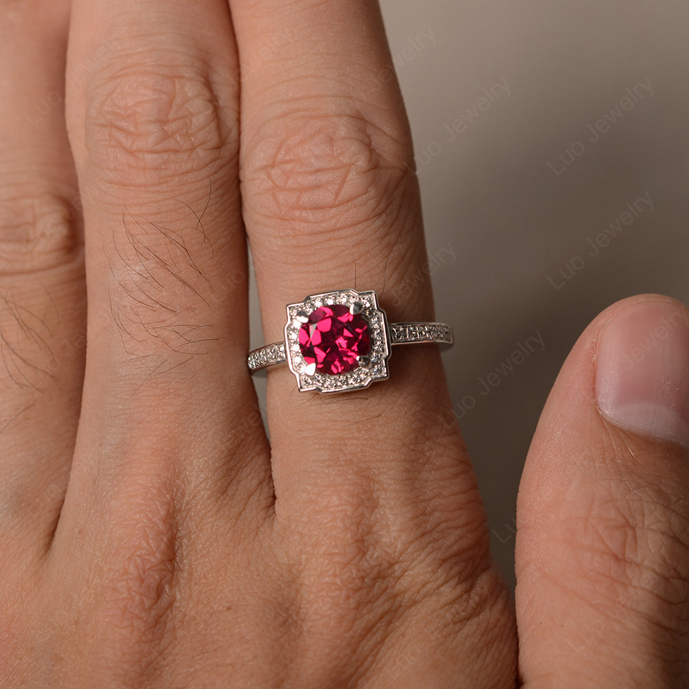 Round Cut Ruby Halo Engagement Ring Gold - LUO Jewelry