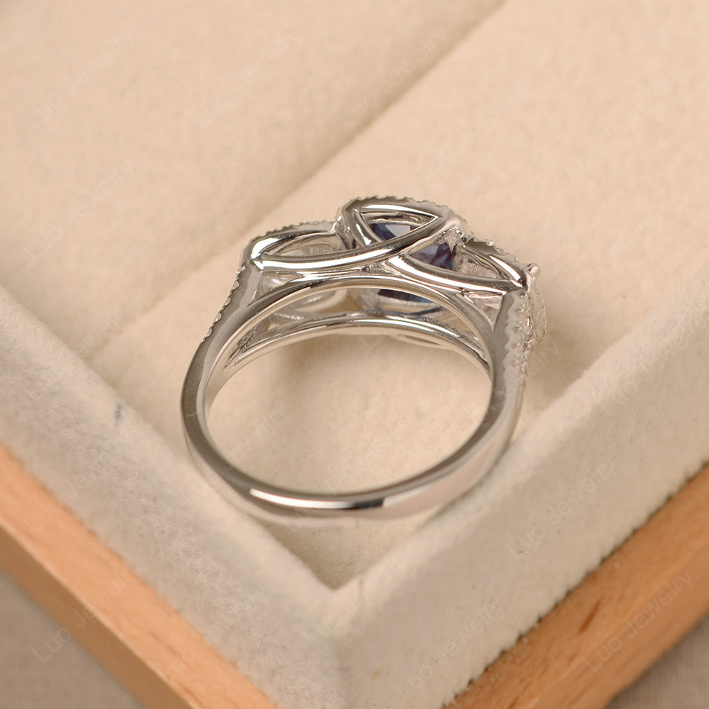 Alexandrite Ring 3 Stone Halo Engagement Ring - LUO Jewelry